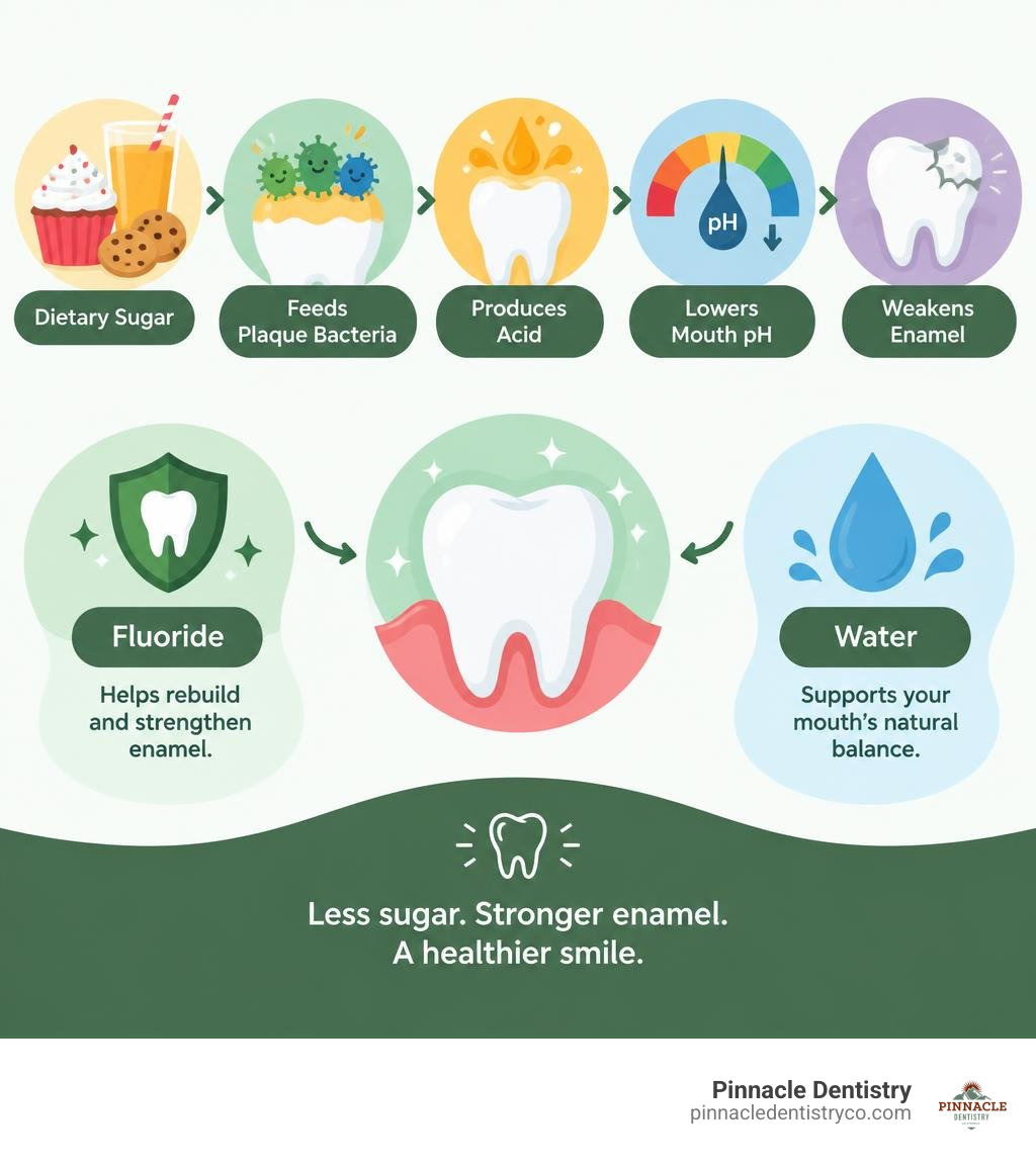 Colorful infographic showing how dietary sugar feeds plaque bacteria, produces acid, lowers mouth pH, weakens enamel, and Colorful infographic showing how dietary sugar feeds plaque bacteria, produces acid, lowers mouth pH, weakens enamel, and