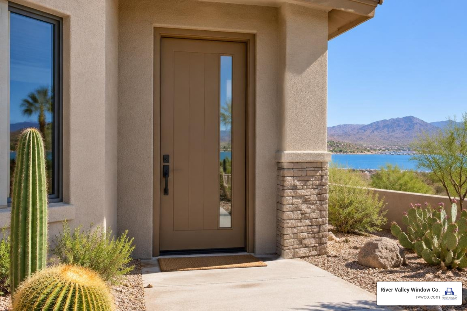 Heat-resistant fiberglass entry door installed on a desert home Heat-resistant fiberglass entry door installed on a desert home