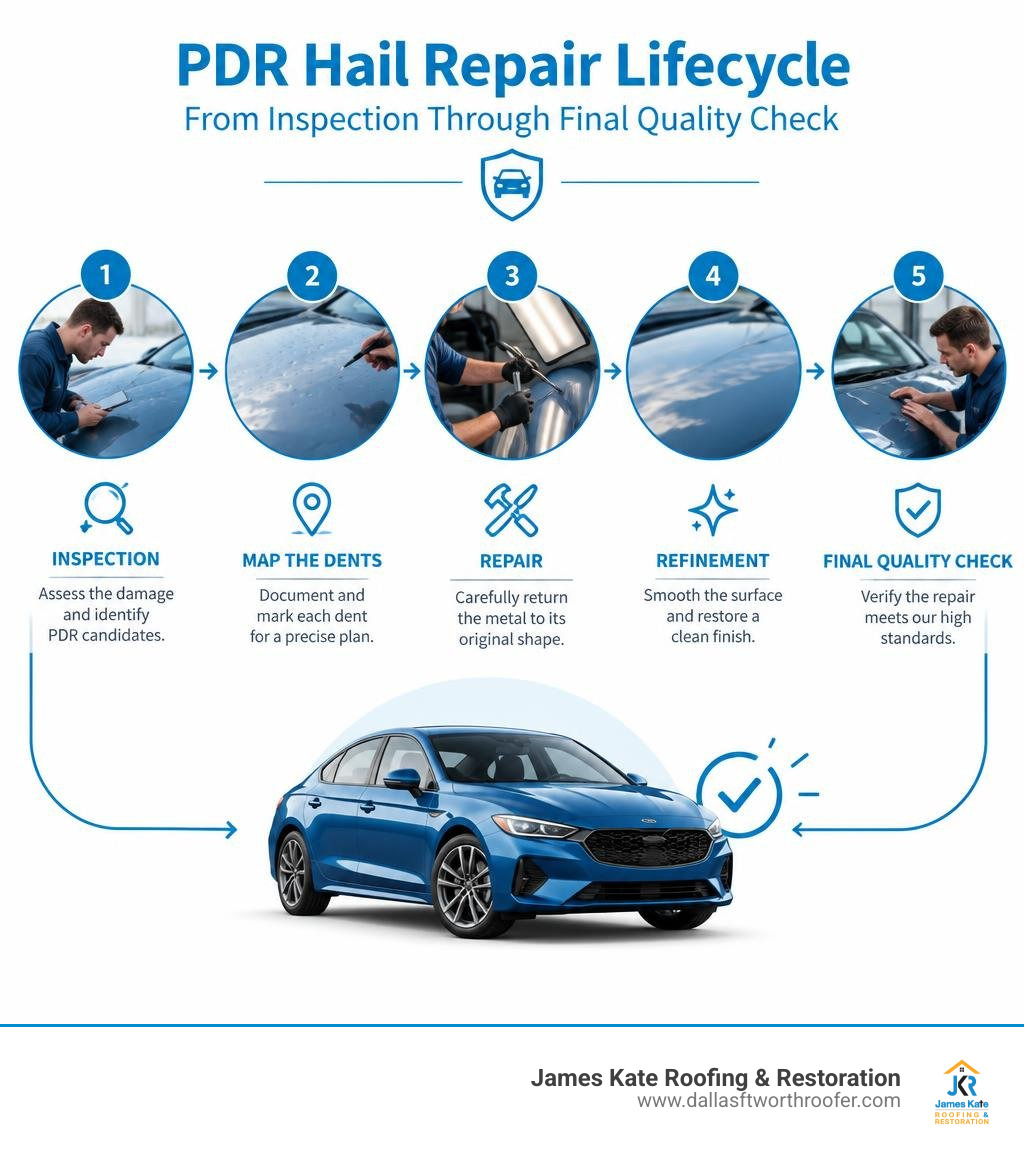PDR hail repair lifecycle from inspection through final quality check infographic PDR hail repair lifecycle from inspection through final quality check infographic