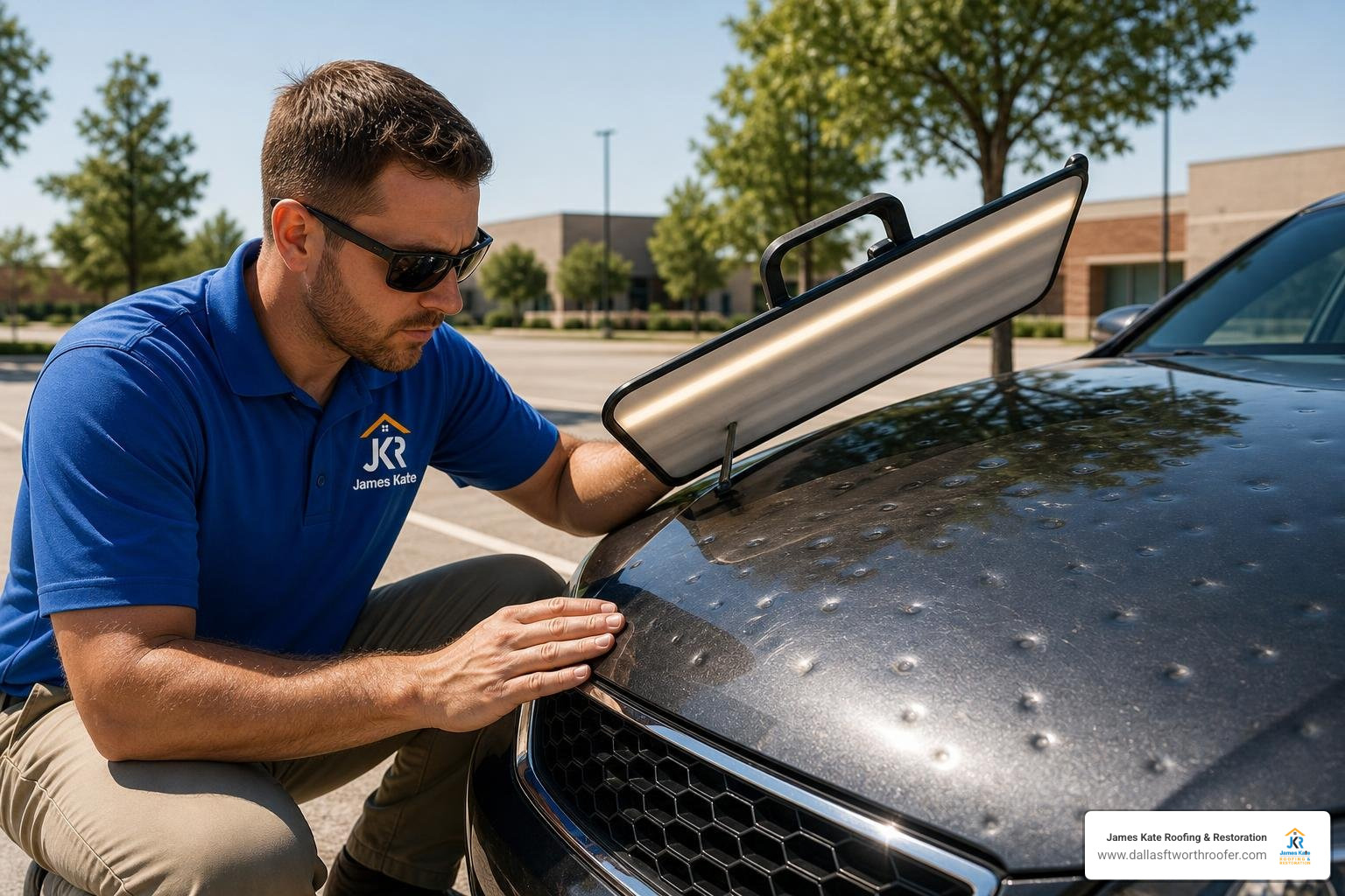 technician in blue shirt examining hail repair with a reflection board technician in blue shirt examining hail repair with a reflection board