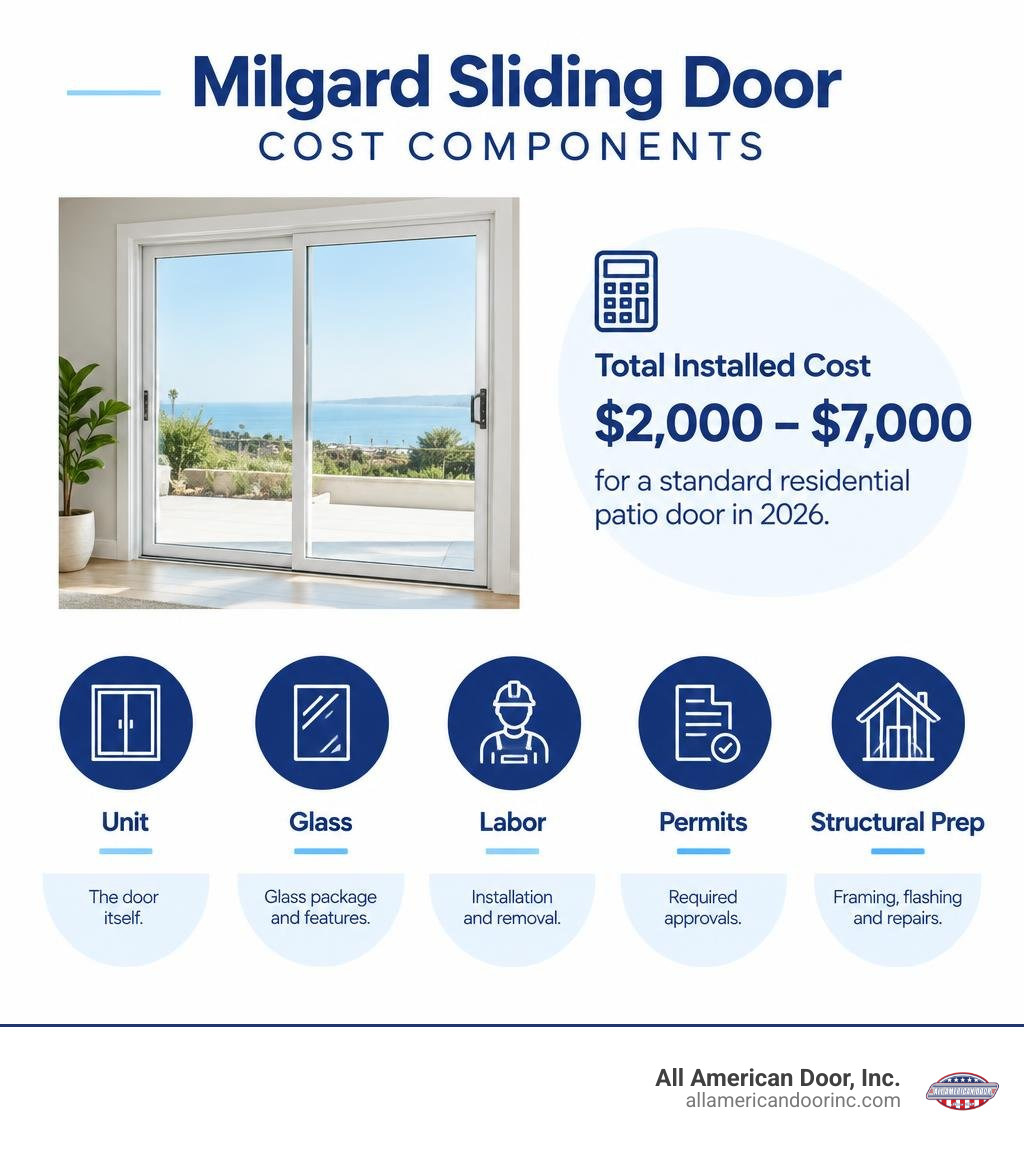 Milgard sliding door cost components: unit, glass, labor, permits, structural prep infographic Milgard sliding door cost components: unit, glass, labor, permits, structural prep infographic