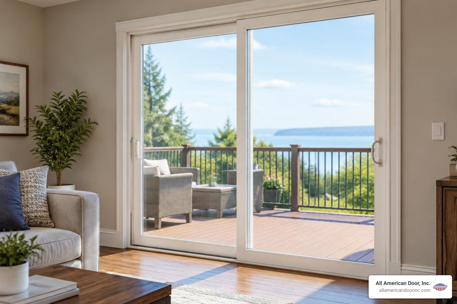 Milgard Tuscany vinyl sliding door leading to an outdoor deck Milgard Tuscany vinyl sliding door leading to an outdoor deck