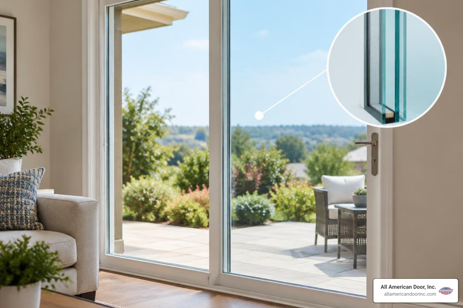 Energy-efficient Low-E glass panels on a patio door Energy-efficient Low-E glass panels on a patio door