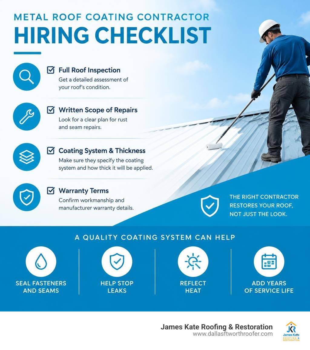 Metal roof coating contractor hiring checklist infographic Metal roof coating contractor hiring checklist infographic