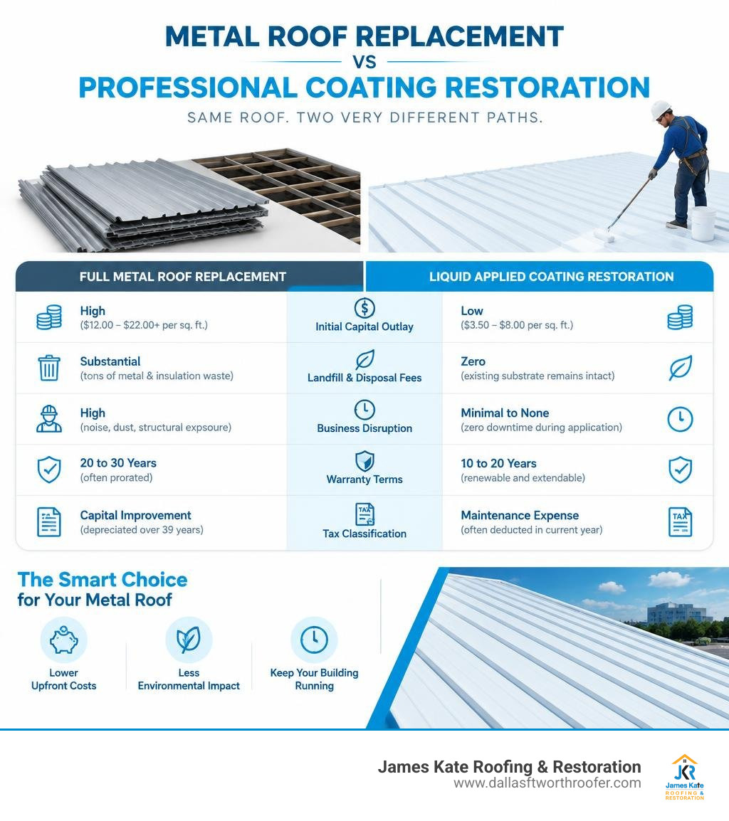 comparing metal roof replacement versus professional coating solar infographic comparing metal roof replacement versus professional coating solar infographic
