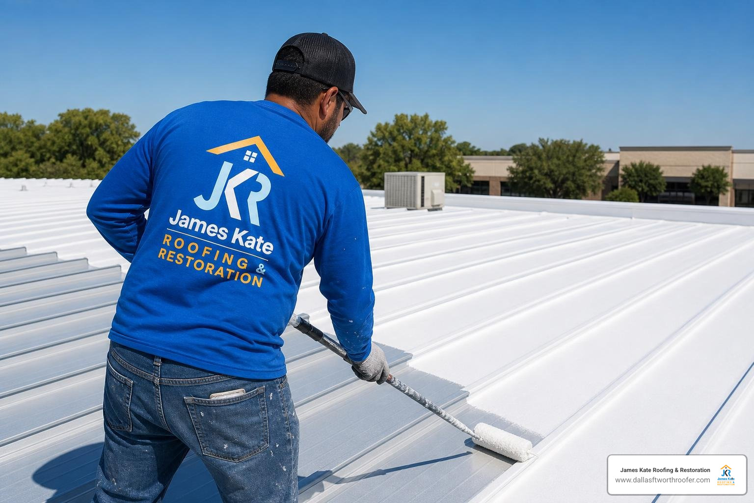 Technician applying liquid elastomeric membrane to standing seam roof Technician applying liquid elastomeric membrane to standing seam roof