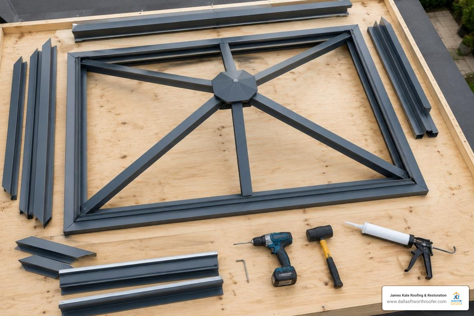 Roof lantern components laid out with assembly tools Roof lantern components laid out with assembly tools
