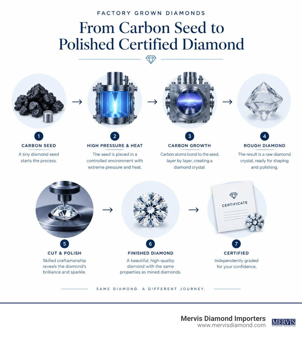 Factory grown diamond creation from carbon seed to polished certified diamond infographic Factory grown diamond creation from carbon seed to polished certified diamond infographic