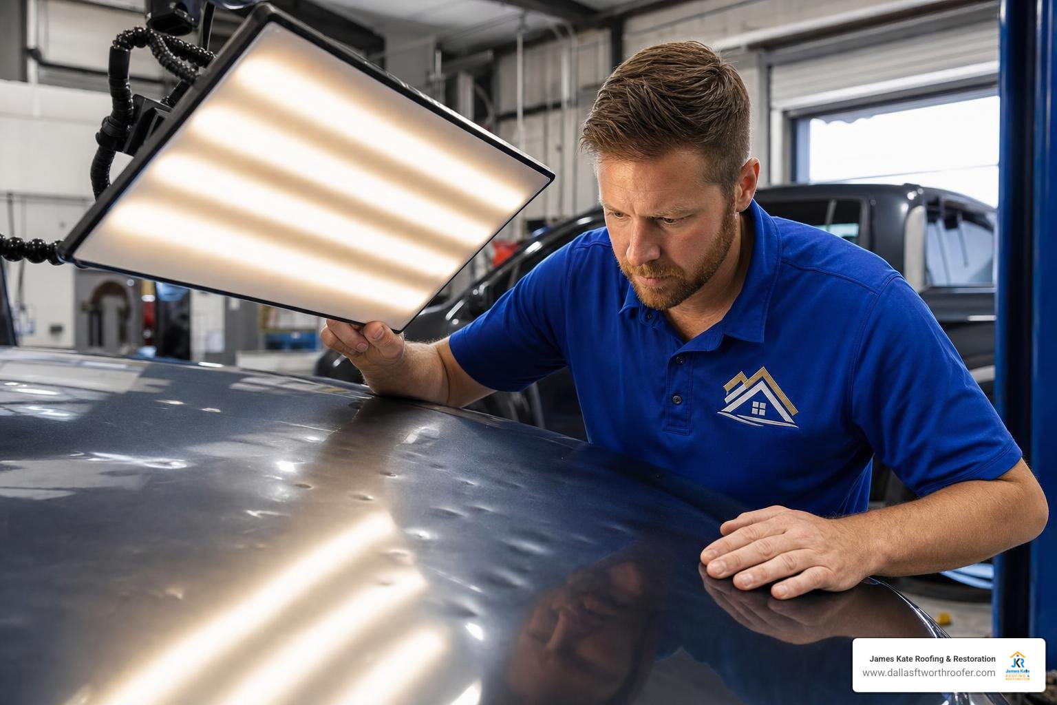 automotive technician inspecting hail dents under an LED light board automotive technician inspecting hail dents under an LED light board