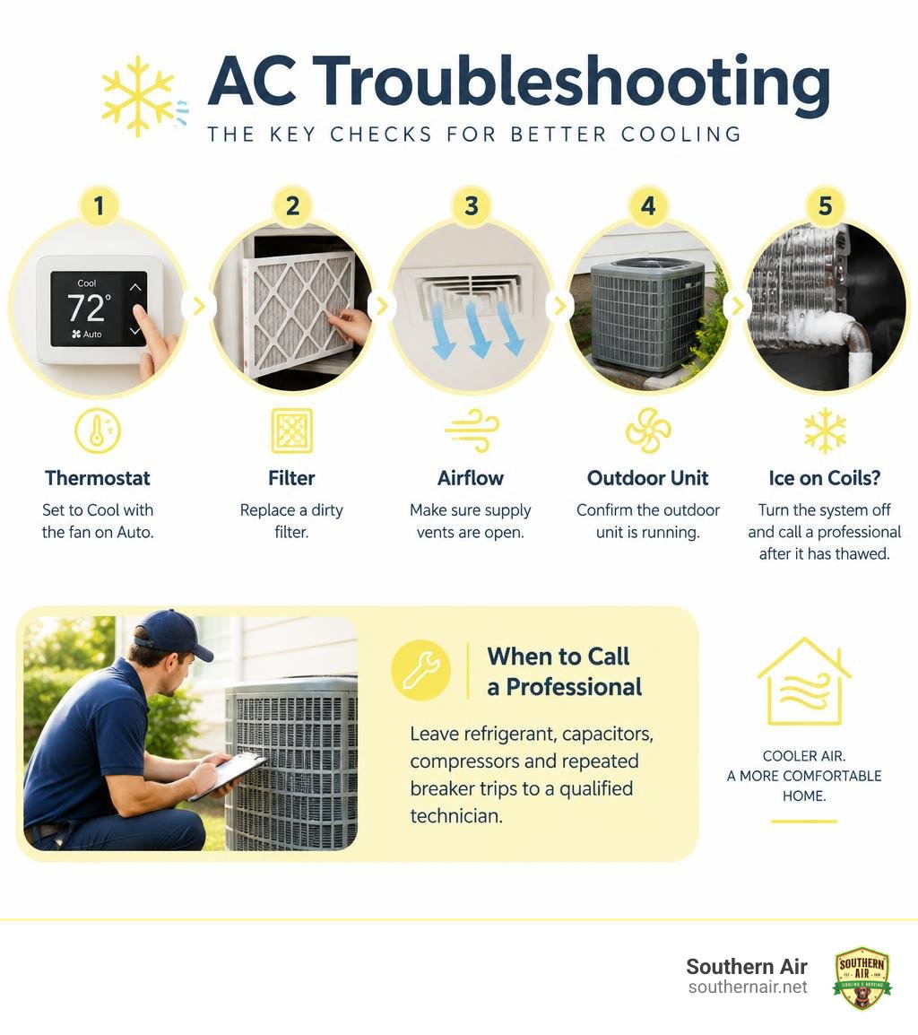 AC troubleshooting steps thermostat filter airflow coils and professional repair infographic AC troubleshooting steps thermostat filter airflow coils and professional repair infographic