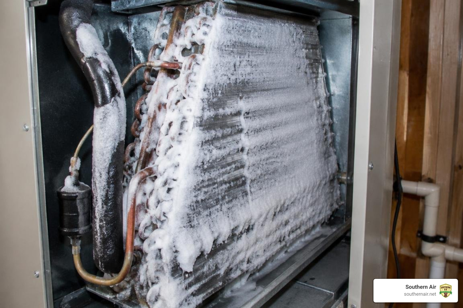 Ice buildup on indoor HVAC evaporator coil and suction line Ice buildup on indoor HVAC evaporator coil and suction line