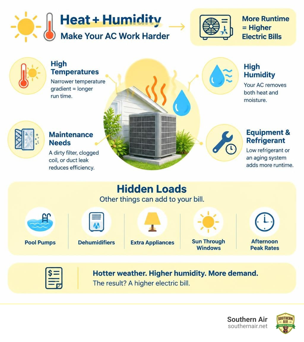 Infographic showing heat humidity AC maintenance rates and hidden loads driving high electric bills infographic Infographic showing heat humidity AC maintenance rates and hidden loads driving high electric bills infographic