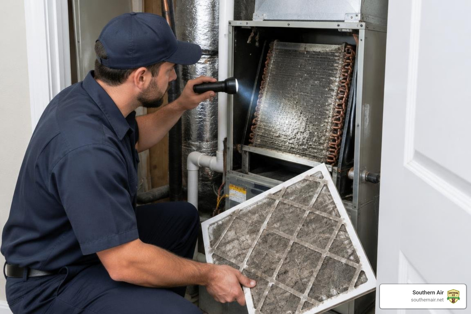 technician inspecting dirty evaporator coil and clogged filter in residential air handler technician inspecting dirty evaporator coil and clogged filter in residential air handler