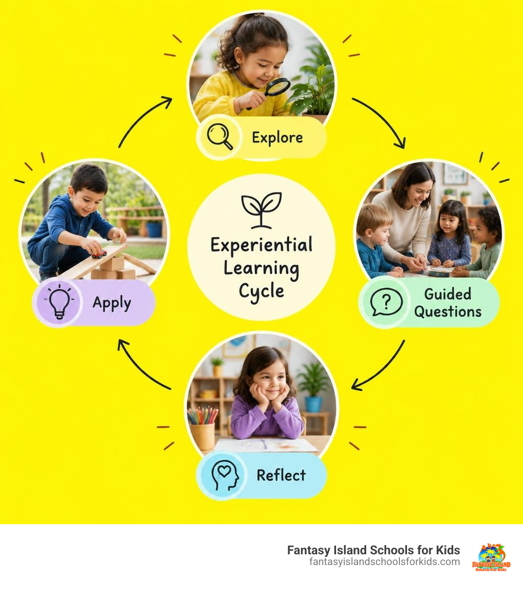 Experiential preschool learning cycle: explore, guided questions, reflect, apply infographic
