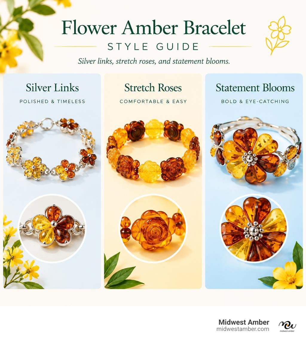 Flower amber bracelet style guide: silver links, stretch roses, and statement blooms infographic