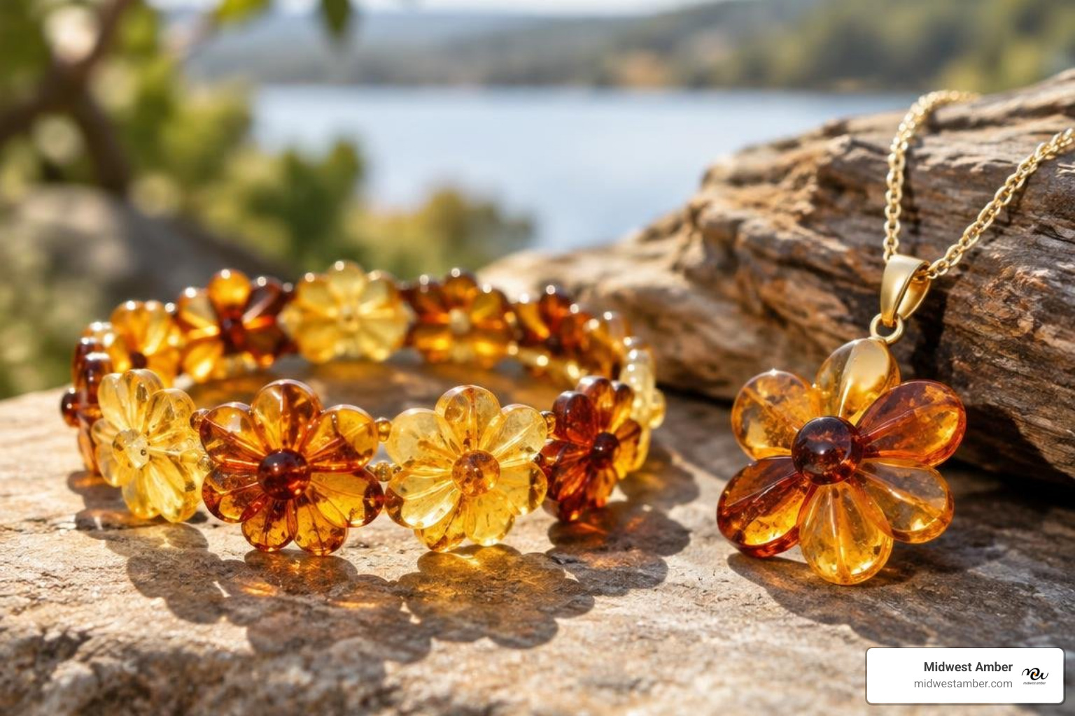 handcrafted Baltic amber floral jewelry gleaming in natural sunlight