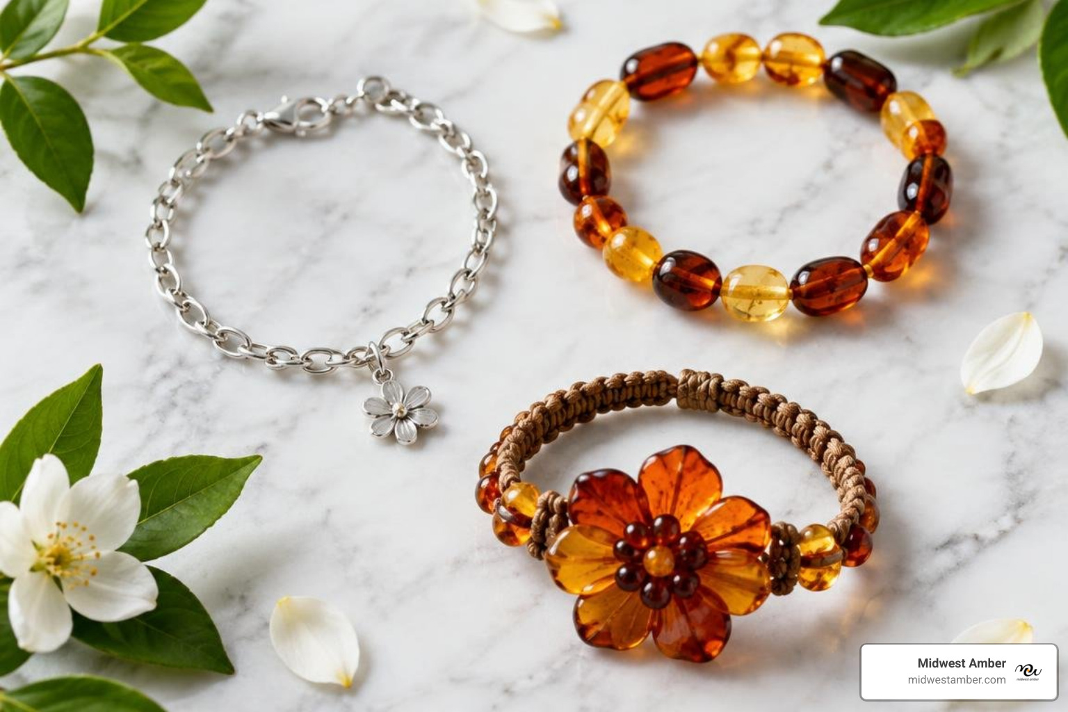 blooming amber bracelets arranged by style