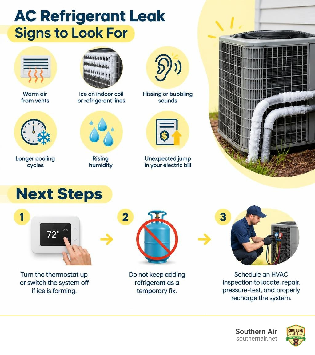 Infographic showing AC refrigerant leak signs and next steps infographic Infographic showing AC refrigerant leak signs and next steps infographic