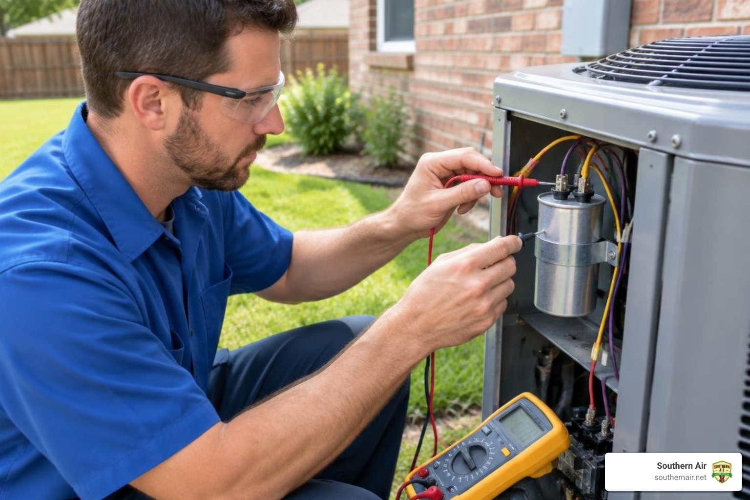 HVAC technician testing capacitor microfarads with digital multimeter HVAC technician testing capacitor microfarads with digital multimeter