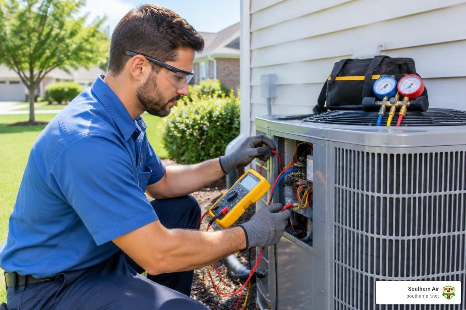 HVAC technician performing system load testing HVAC technician performing system load testing