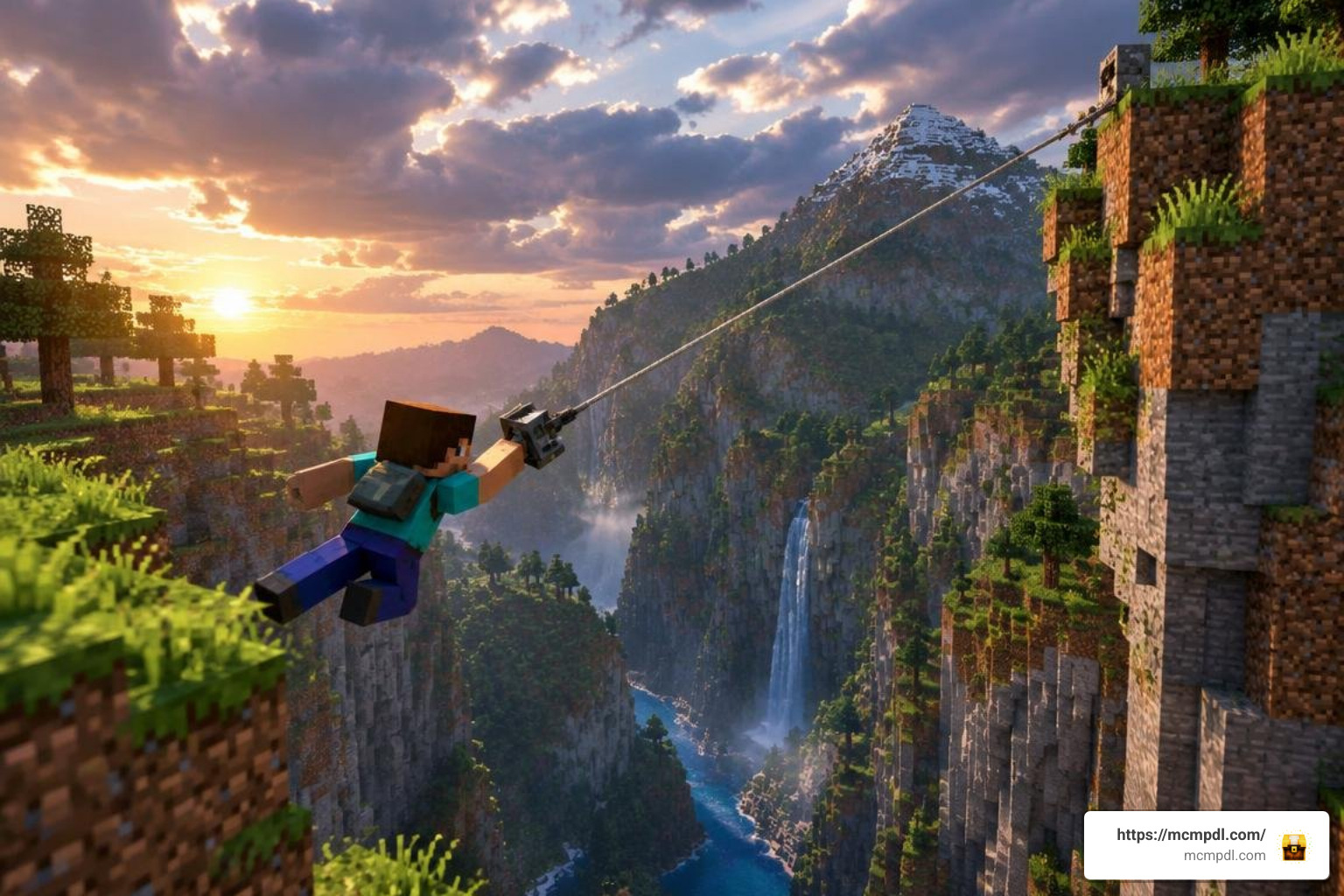 Minecraft player using a grappling hook over a mountain ravine