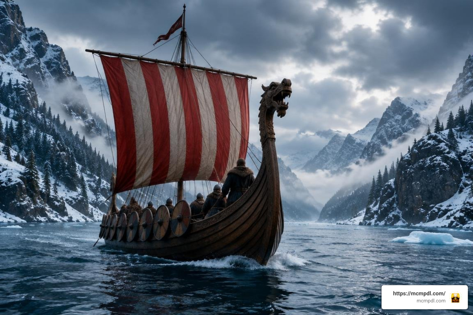 Viking longship sailing through icy waters Viking longship sailing through icy waters