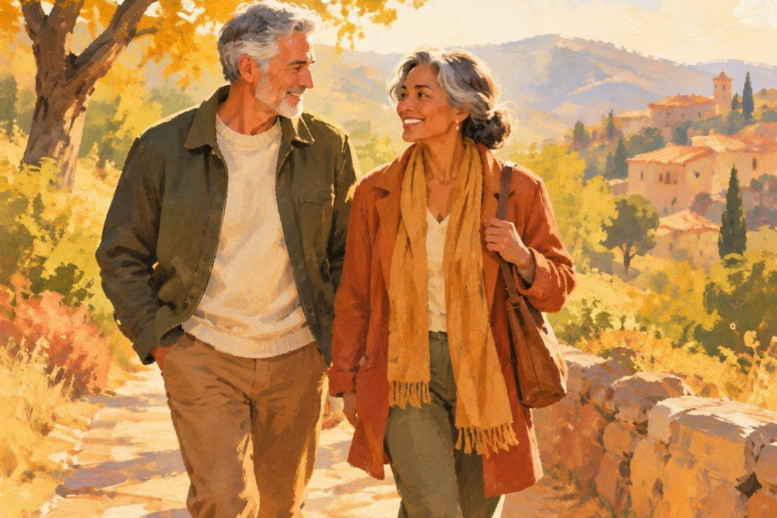 older adults walking outdoors in sunlight