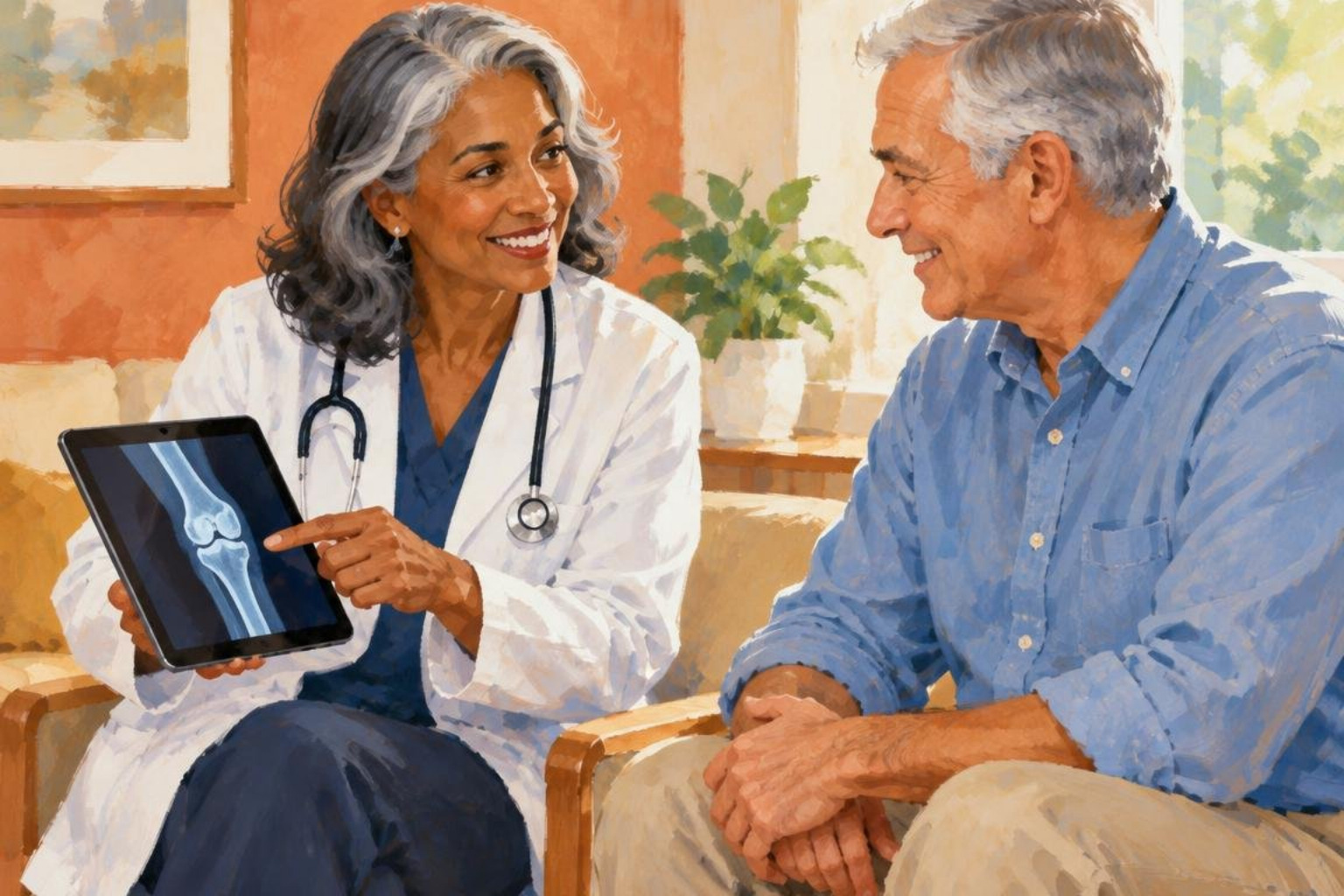 physician and patient reviewing diagnostic bone scan results