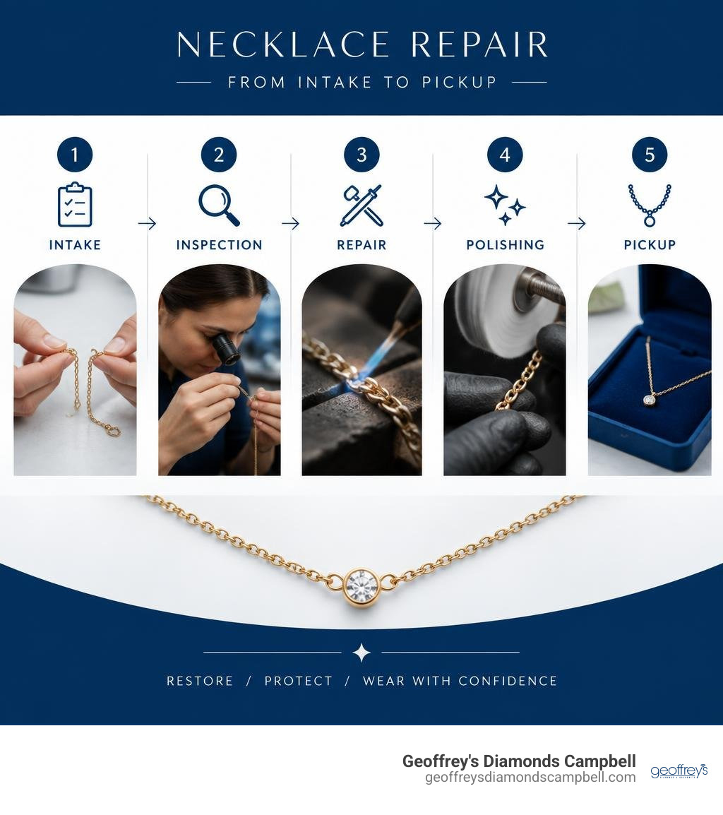 Necklace repair intake inspection repair polishing pickup process infographic