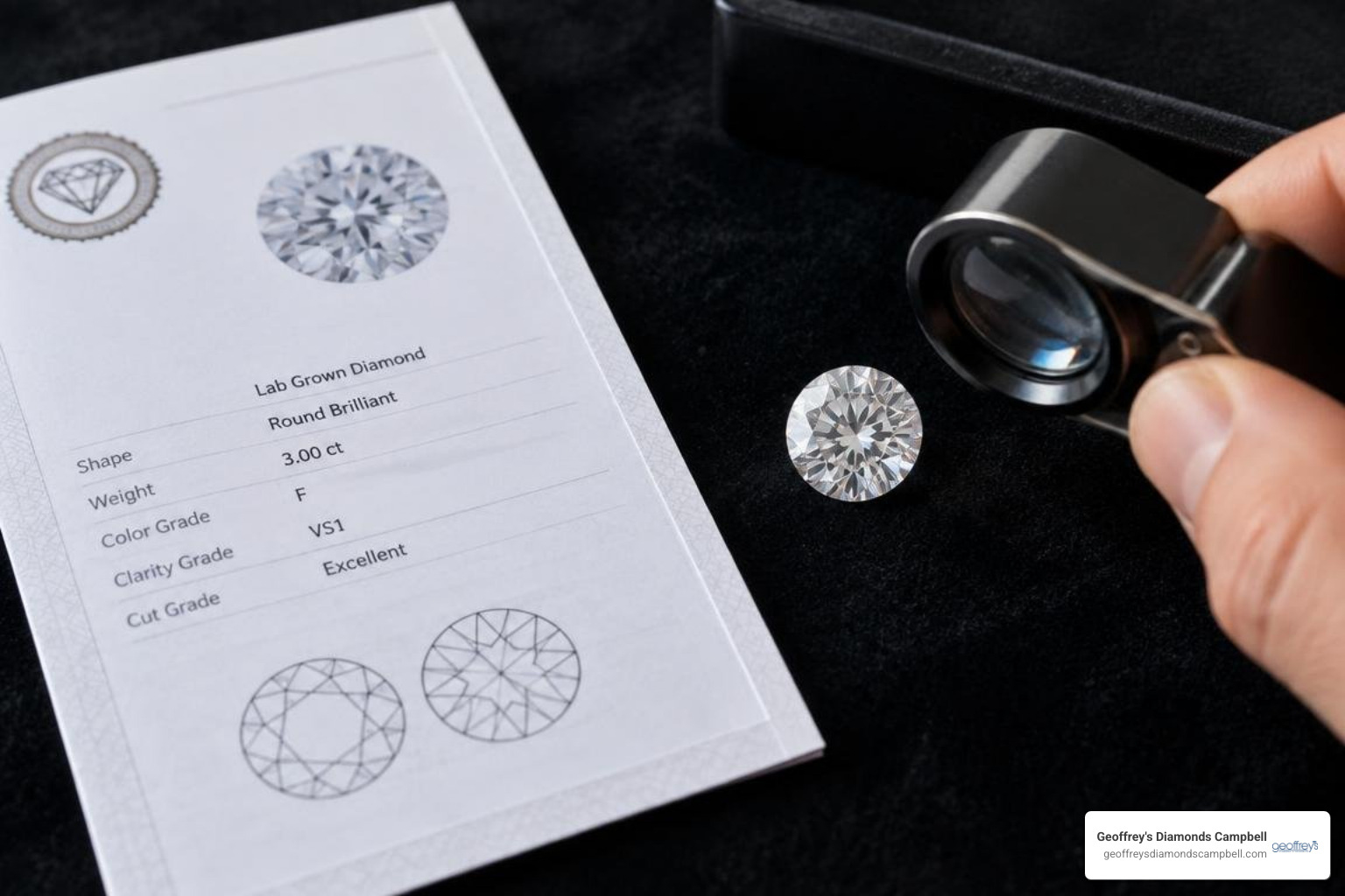IGI grading certificate and 3 carat loose diamond inspected under magnification
