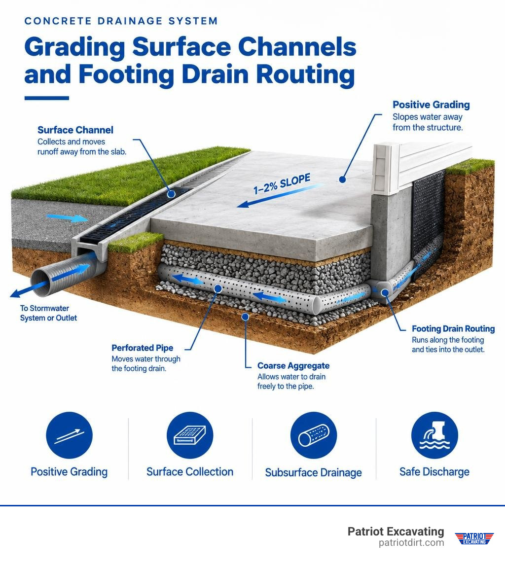 Concrete drainage system showing grading surface channels and footing drain routing infographic Concrete drainage system showing grading surface channels and footing drain routing infographic