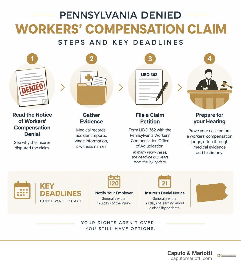 Pennsylvania denied workers compensation claim steps and key deadlines infographic Pennsylvania denied workers compensation claim steps and key deadlines infographic