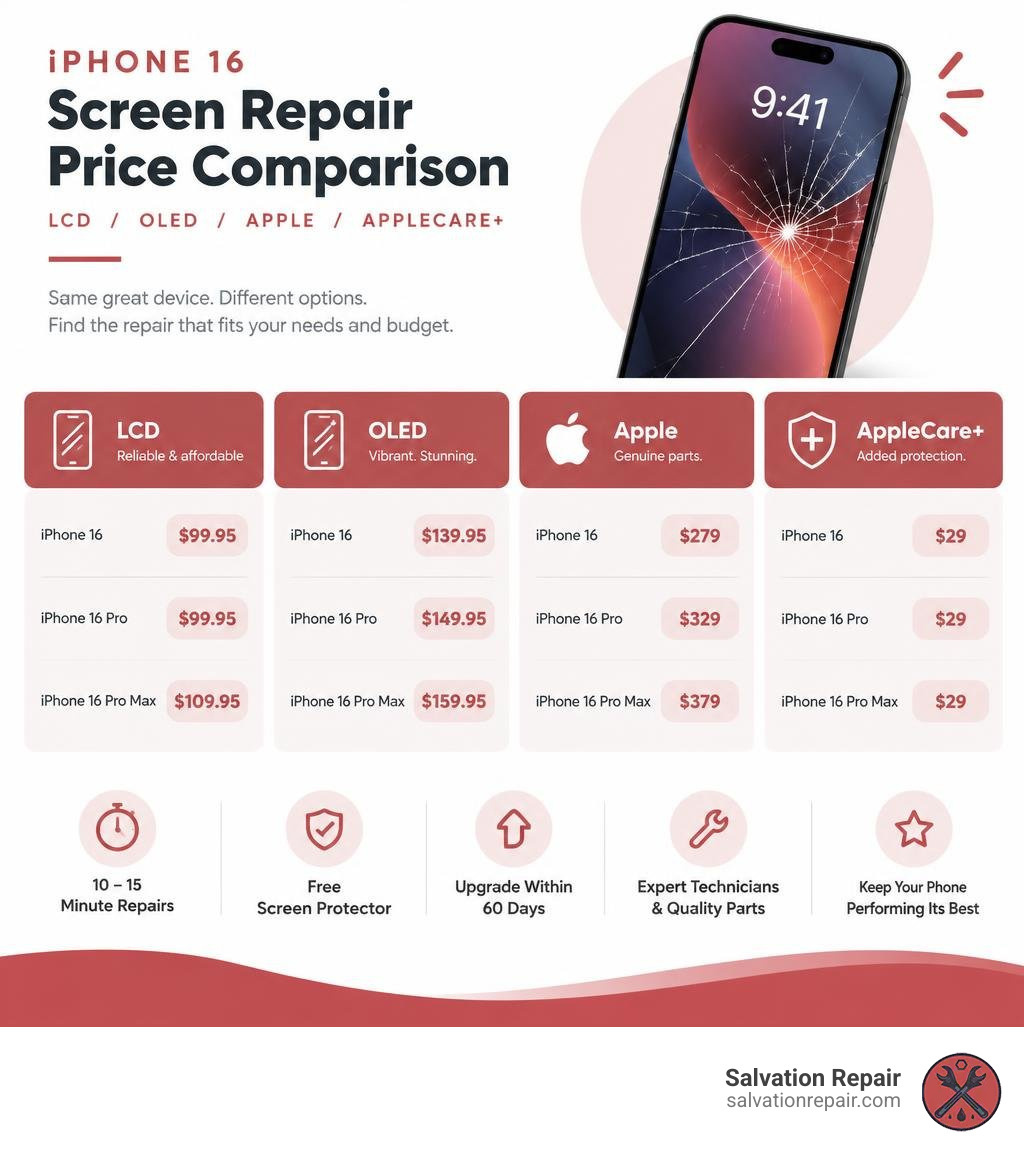 iPhone 16 screen repair price comparison: LCD, OLED, Apple, and AppleCare+ infographic iPhone 16 screen repair price comparison: LCD, OLED, Apple, and AppleCare+ infographic
