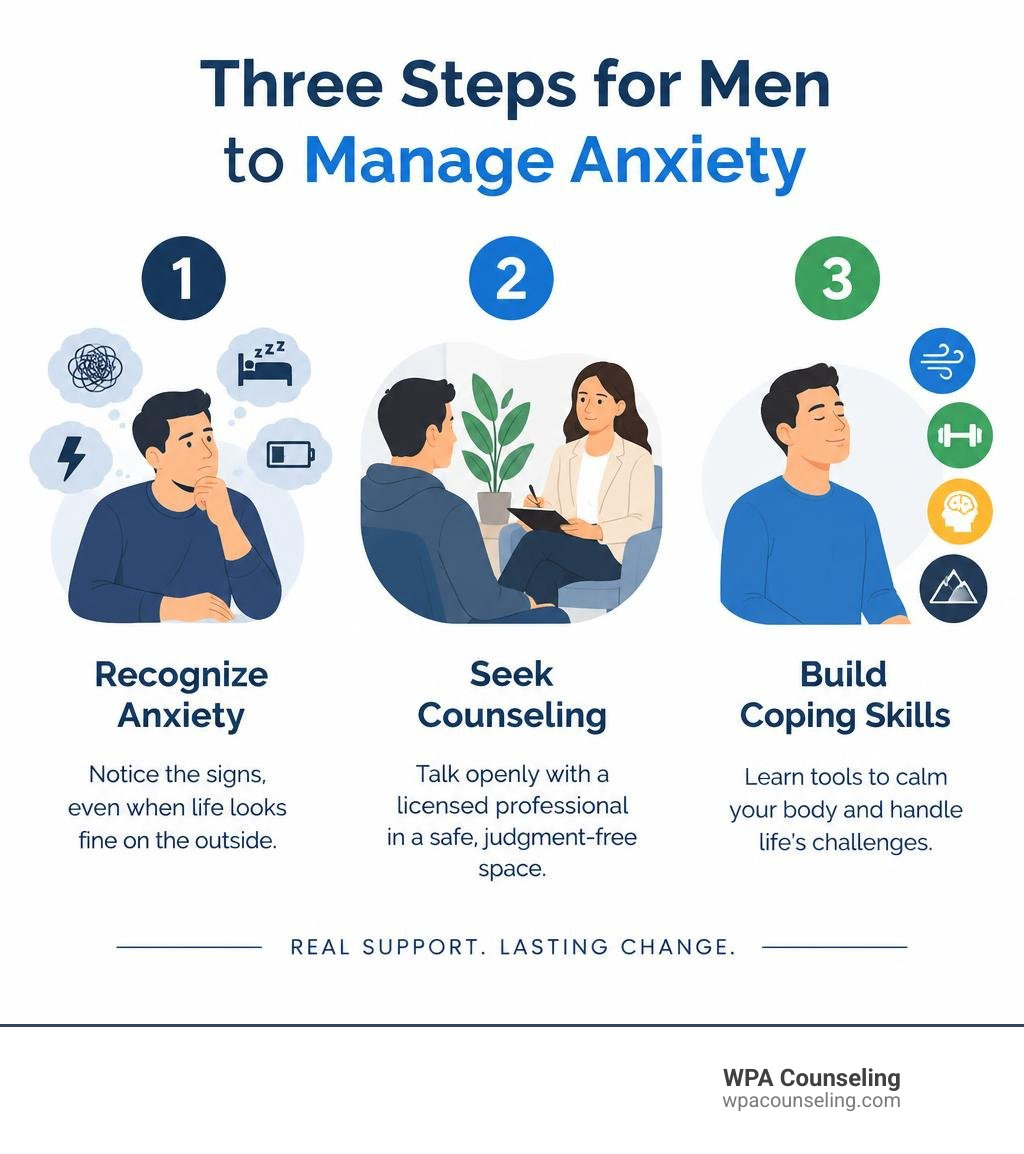 Infographic: three steps for men to recognize anxiety, seek counseling, and build coping skills infographic Infographic: three steps for men to recognize anxiety, seek counseling, and build coping skills infographic