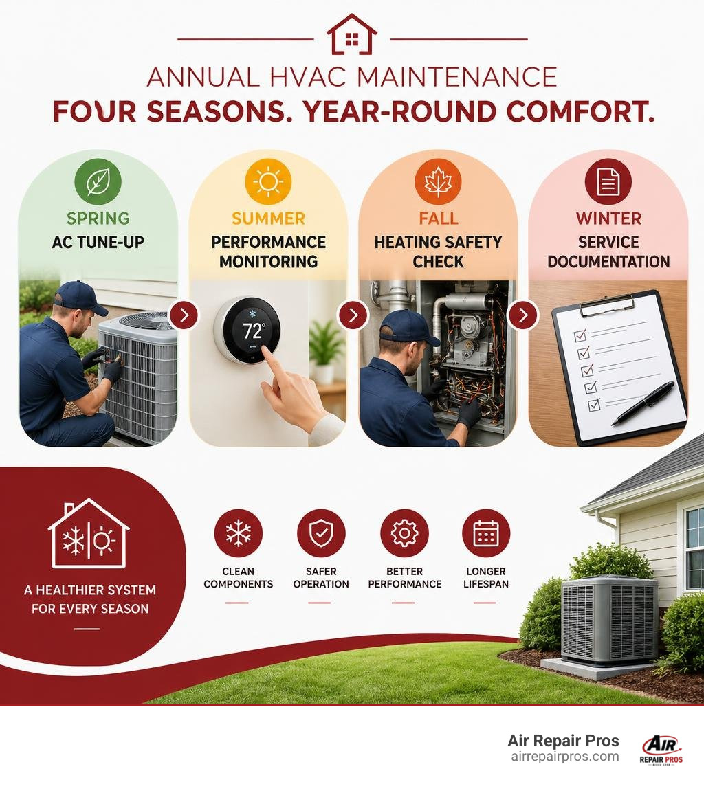 Colorful annual HVAC maintenance infographic showing spring AC tune-up, summer performance monitoring, fall heating safety