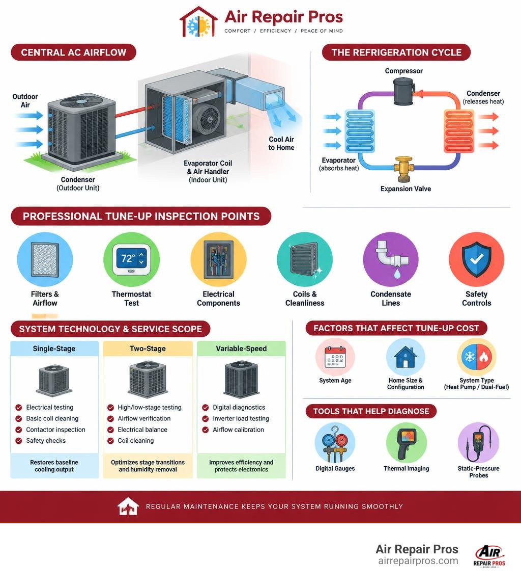 colorful infographic showing central AC airflow, the refrigeration cycle, and professional tune-up inspection points colorful infographic showing central AC airflow, the refrigeration cycle, and professional tune-up inspection points