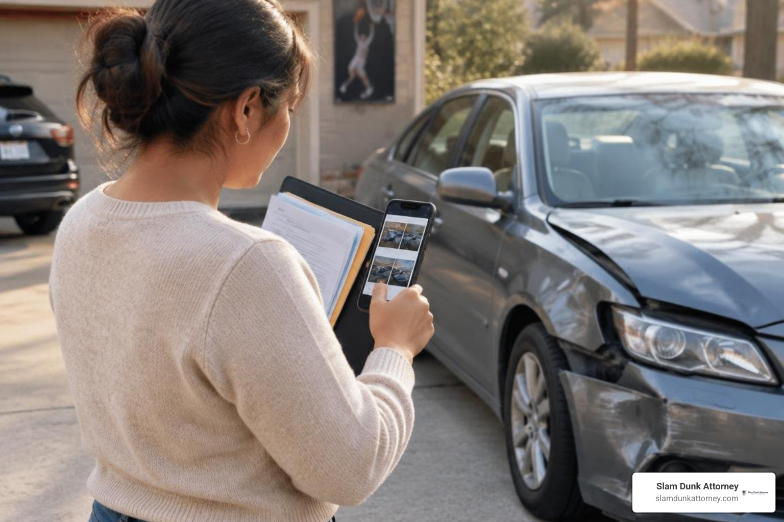 Injured driver taking photos and gathering evidence on a Georgia roadway