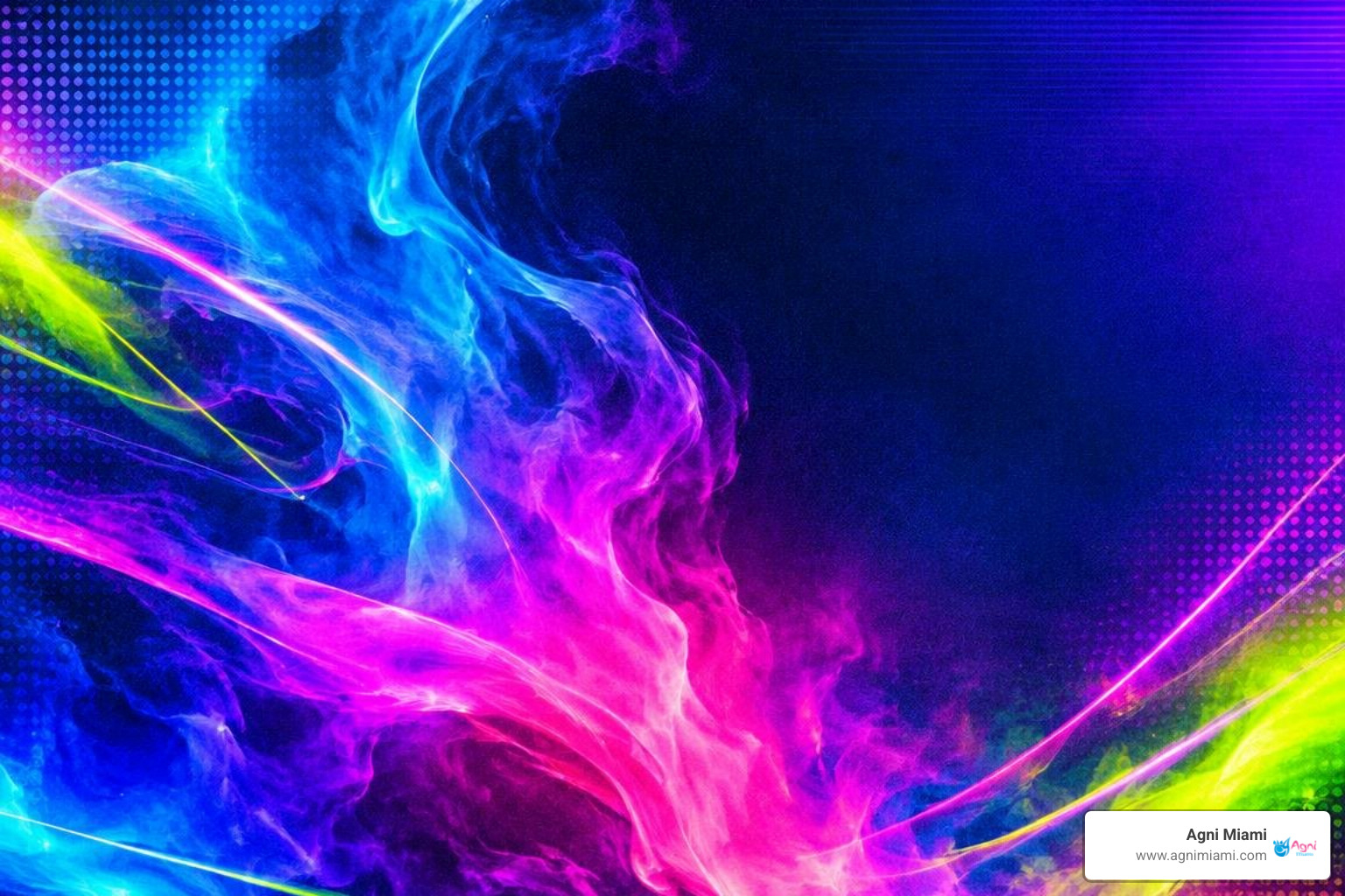 Abstract neon fire-and-ice motion graphic in Agni Miami blue, violet, and magenta