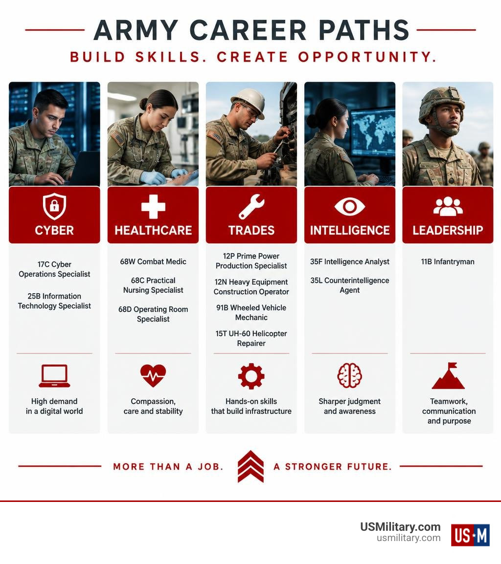Infographic comparing cyber, healthcare, trades, intelligence and leadership Army career paths infographic Infographic comparing cyber, healthcare, trades, intelligence and leadership Army career paths infographic