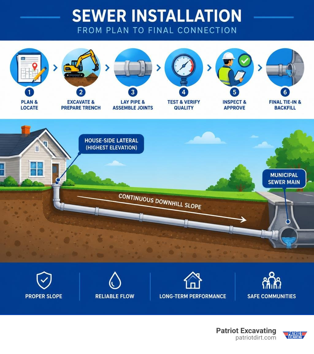 Corrected sewer installation workflow infographic showing the house-side lateral at the highest elevation and a continuous Corrected sewer installation workflow infographic showing the house-side lateral at the highest elevation and a continuous