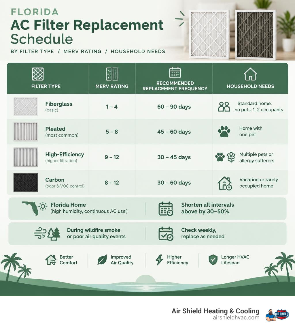 Florida AC filter replacement schedule by filter type, MERV rating, and household needs infographic