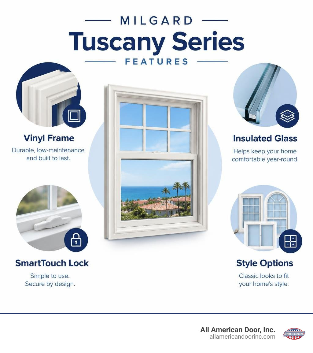 Milgard Tuscany Series features: vinyl frame, insulated glass, SmartTouch lock, style options infographic Milgard Tuscany Series features: vinyl frame, insulated glass, SmartTouch lock, style options infographic