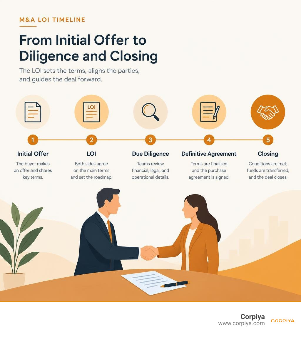 M&A LOI timeline from initial offer through diligence and closing infographic