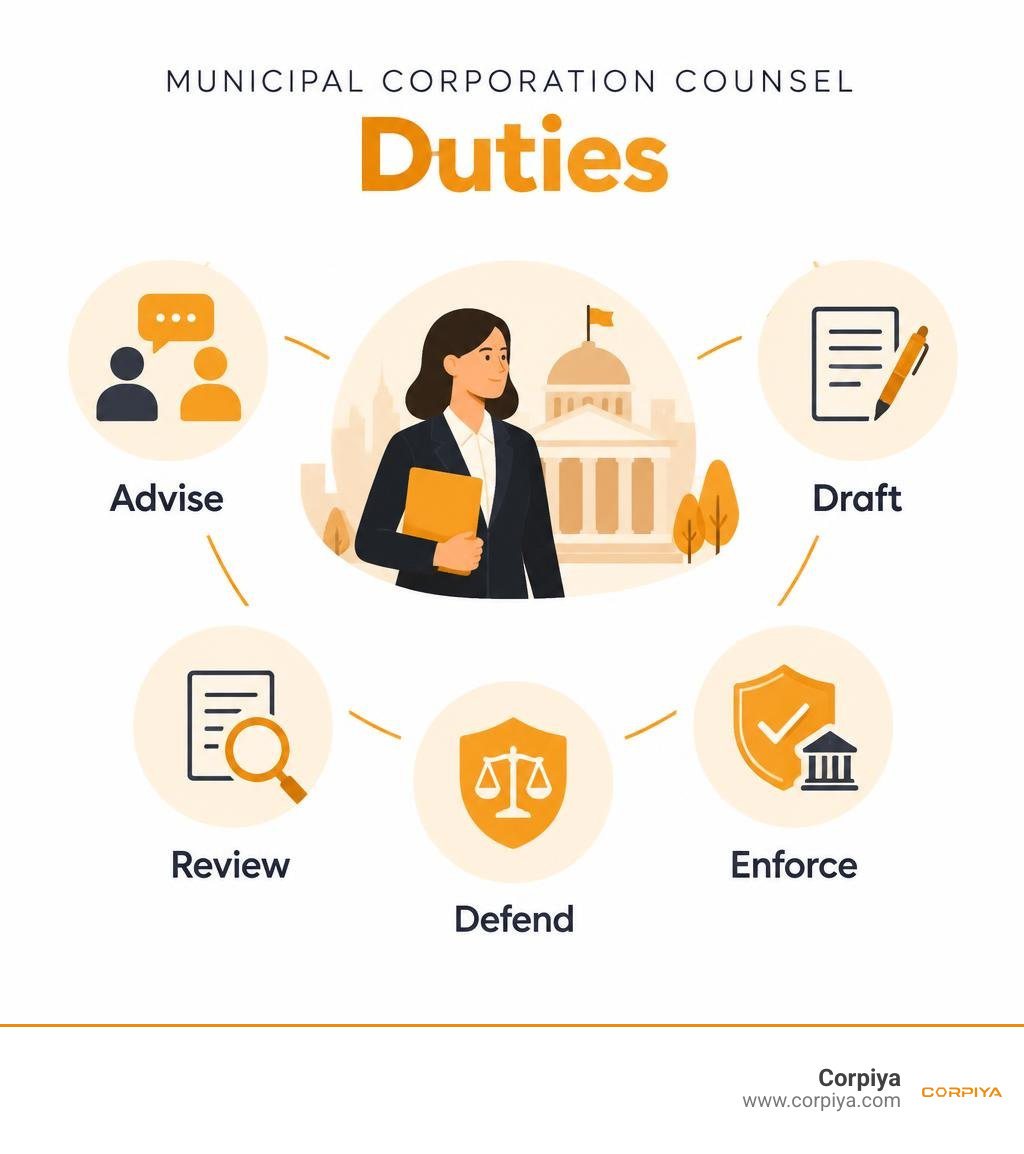 Infographic showing municipal corporation counsel duties: advise, draft, review, defend, enforce infographic