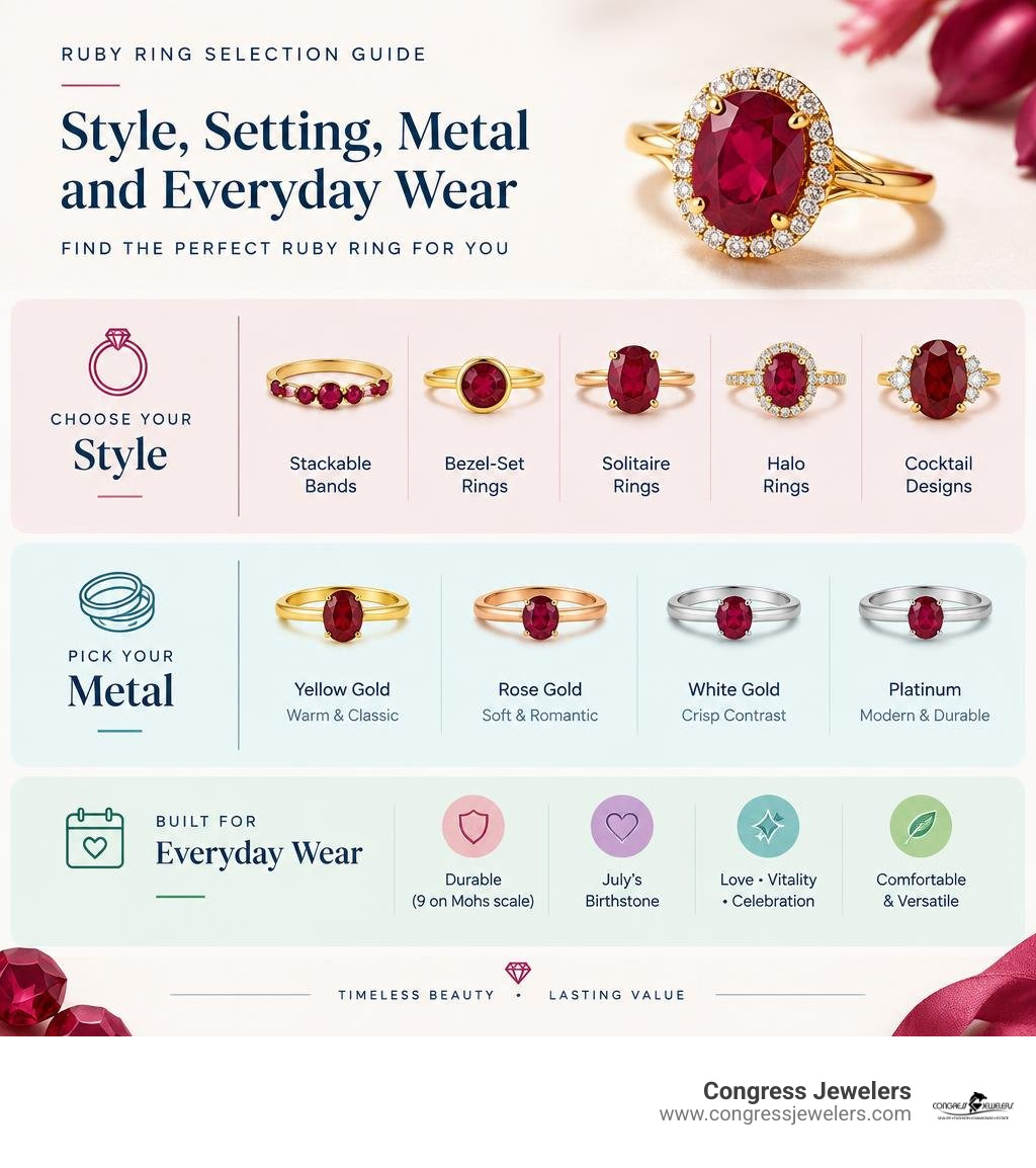 Ruby ring selection guide for style setting metal and everyday wear infographic