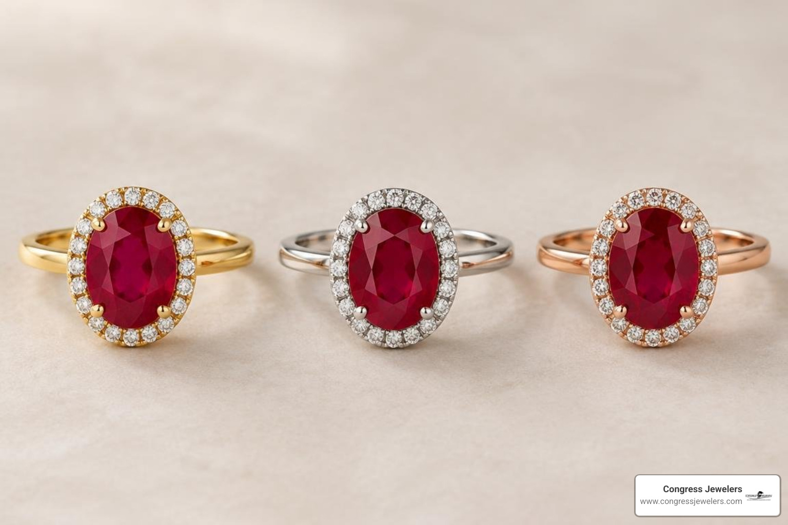 Ruby rings shown in yellow gold, platinum, and rose gold