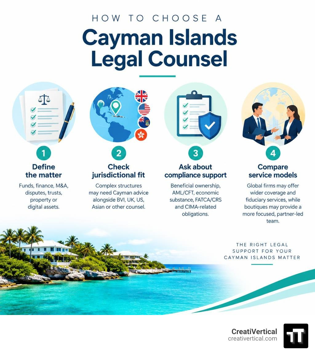 Infographic showing criteria for choosing Cayman Islands legal counsel infographic Infographic showing criteria for choosing Cayman Islands legal counsel infographic
