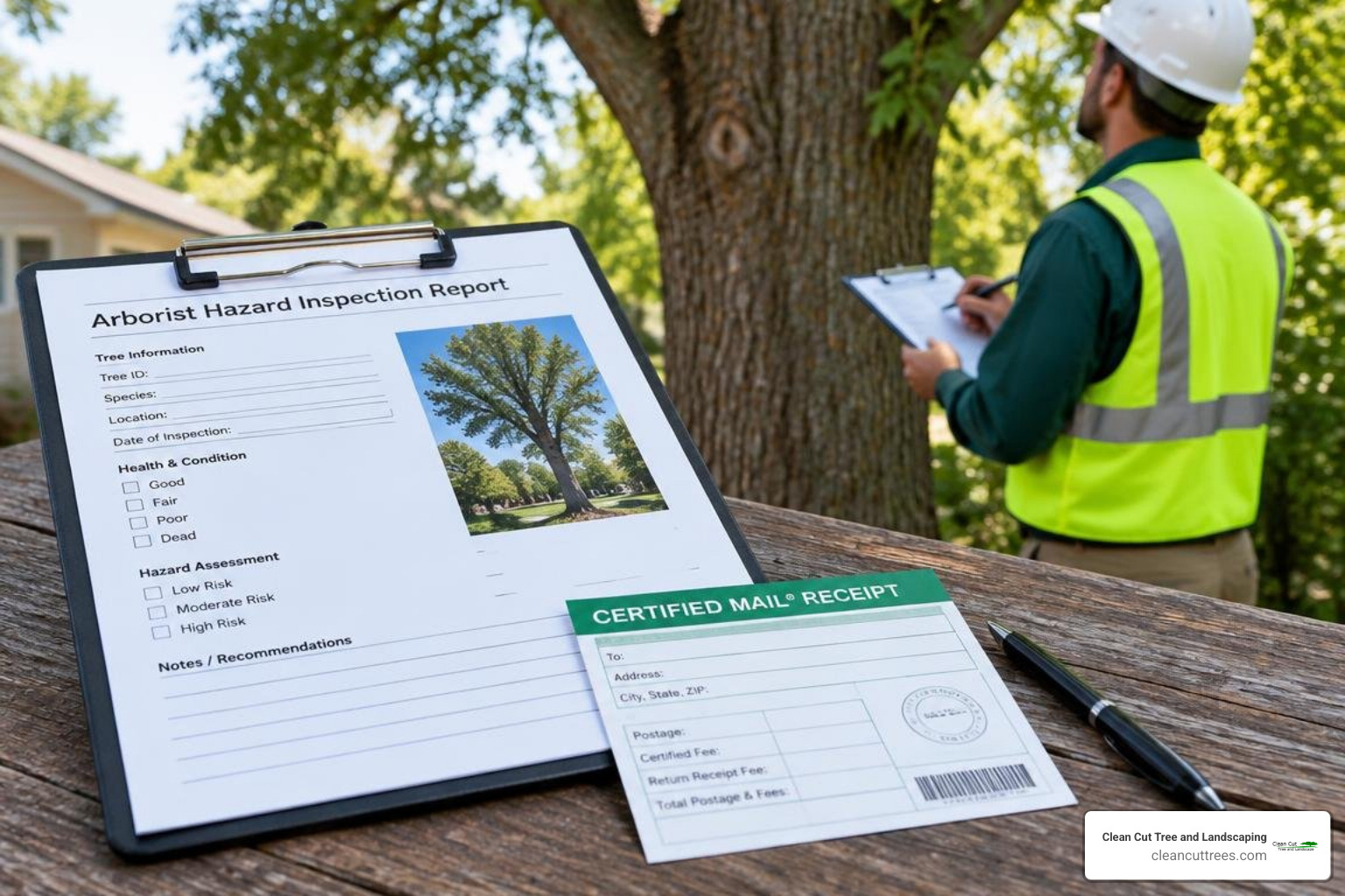 Certified mail receipt paired with an arborist hazard inspection report