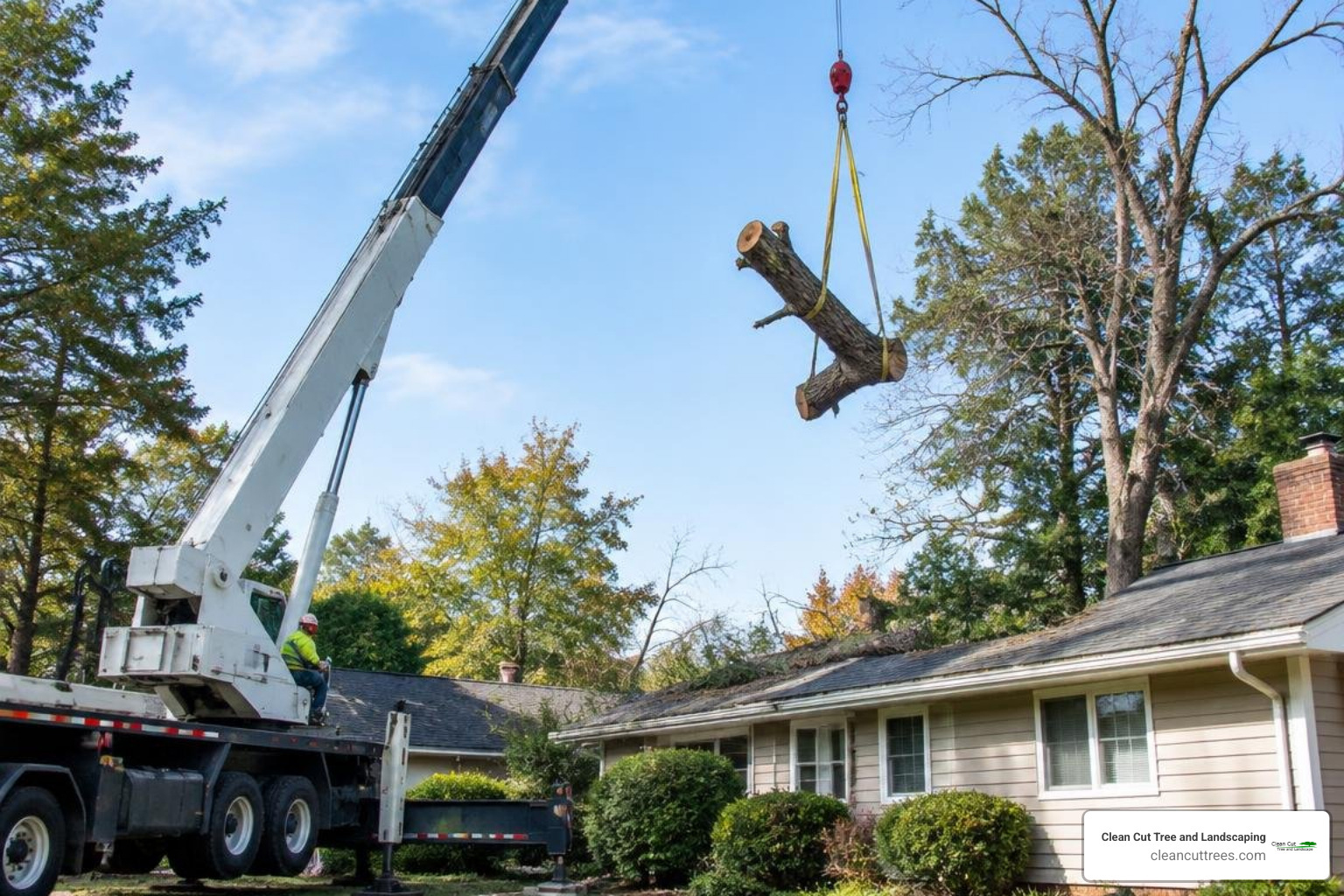 Specialized crane removing hazardous dead tree sections over a residential structure