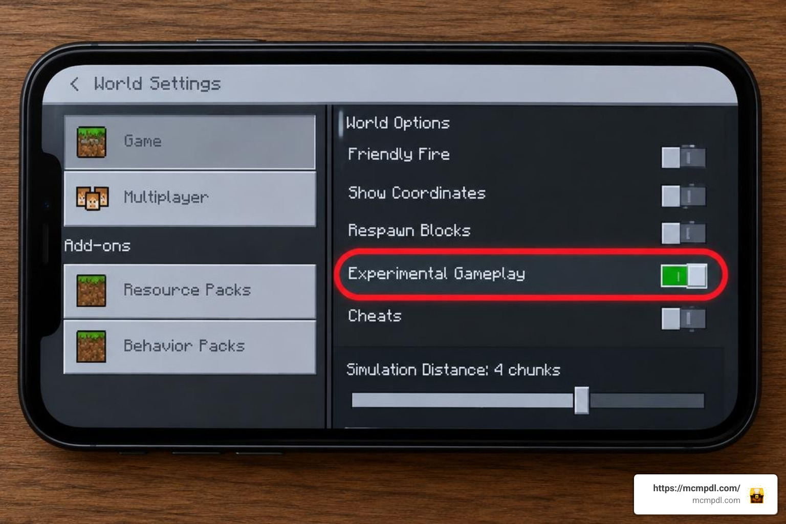 Experimental gameplay settings toggled on in Minecraft PE Experimental gameplay settings toggled on in Minecraft PE